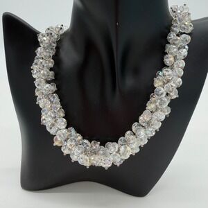 Vintage Aurora Borealis Crystal Chunky Cha Cha Cluster Necklace Bridal Statement